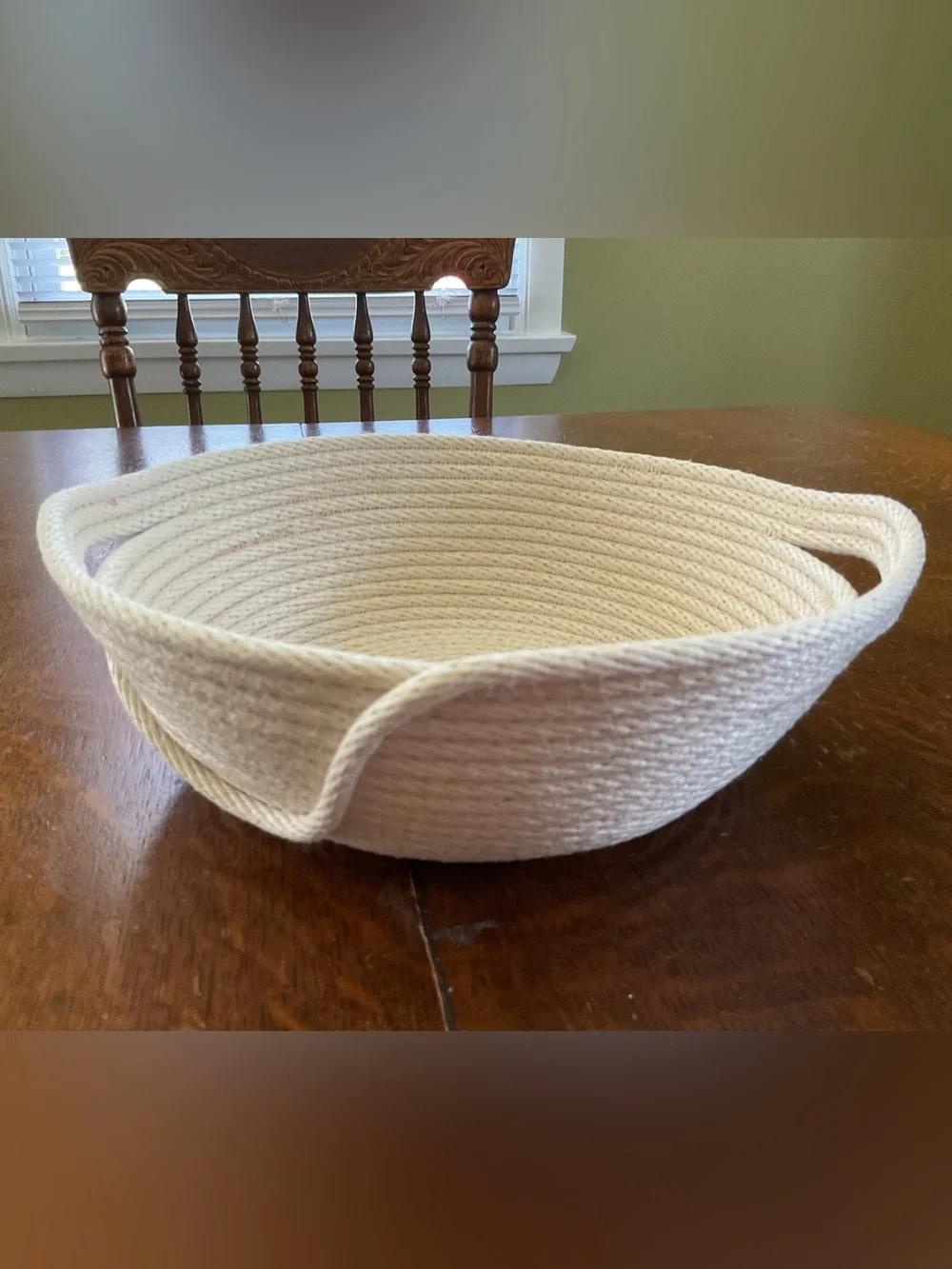 Handmade Heavy-Duty Beige Cotton Rope Bowl with Handles & Spiral Accent